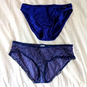 Pair of Calvin Klein underwear, size M. Navy- hip-hugger, royal blue- bikini.
